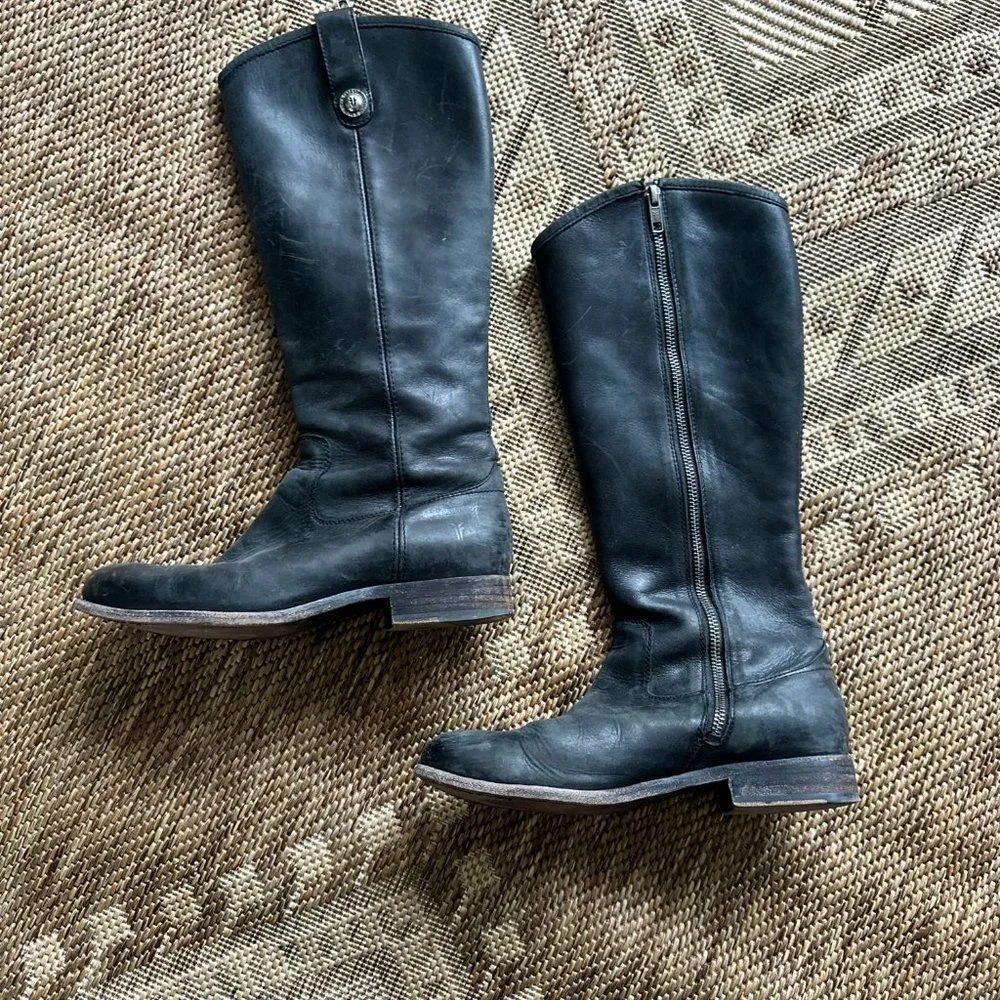 black leather FRYE Tall Riding Boots with side zipper, 7 - Picture 3 of 16